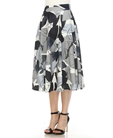 White Mark Women's Leaf Print Vintage Flared Midi Skirt