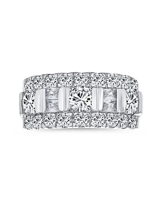 Bling Jewelry Channel Set Cz Alternating Round Baguette Wide Couples Art Deco Style Band Ring .925 Sterling Silver 9MM