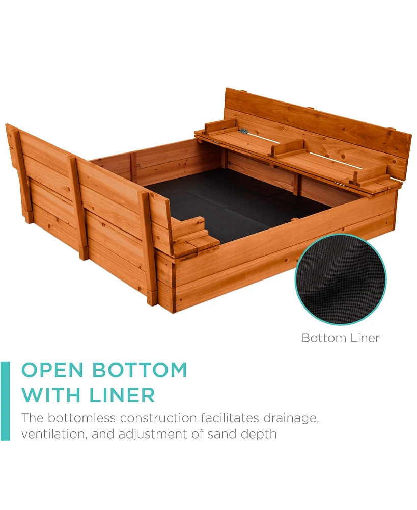 Best Choice Products 47x47-Inch Kids Wooden Outdoor Sandbox w/ 2 Foldable Bench Seats, Sand Protection, Liner