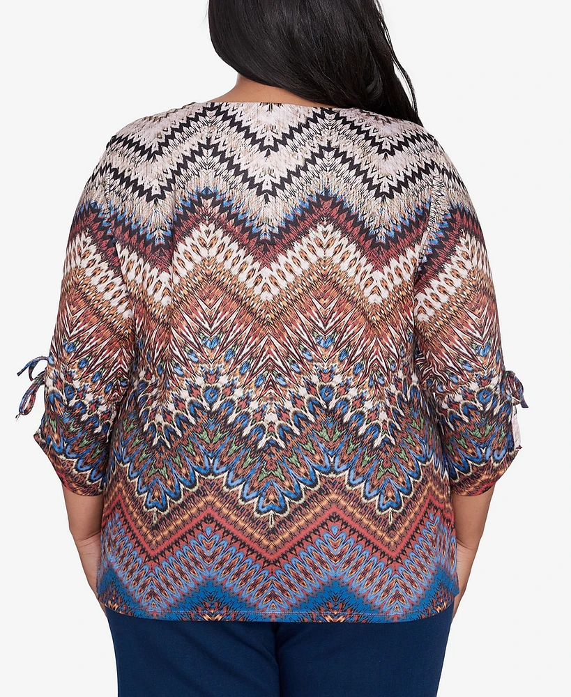 Alfred Dunner Plus Harvest Moon Textured Chevron Ruched Sleeve Top