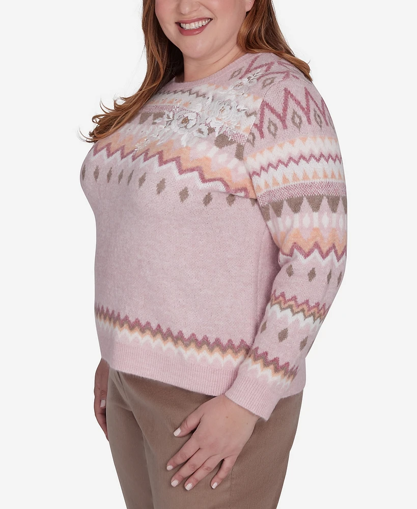 Alfred Dunner Plus Size Telluride Floral Embroidered Fair Isle Sweater