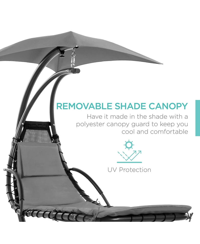 Best Choice Products Hanging Curved Chaise Lounge Chair Swing for Backyard, Patio w/ Pillow, Shade, Stand