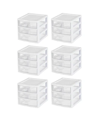 Sterilite ClearView Plastic Small 3 Drawer Desktop Storage Unit, White, 6 Pack