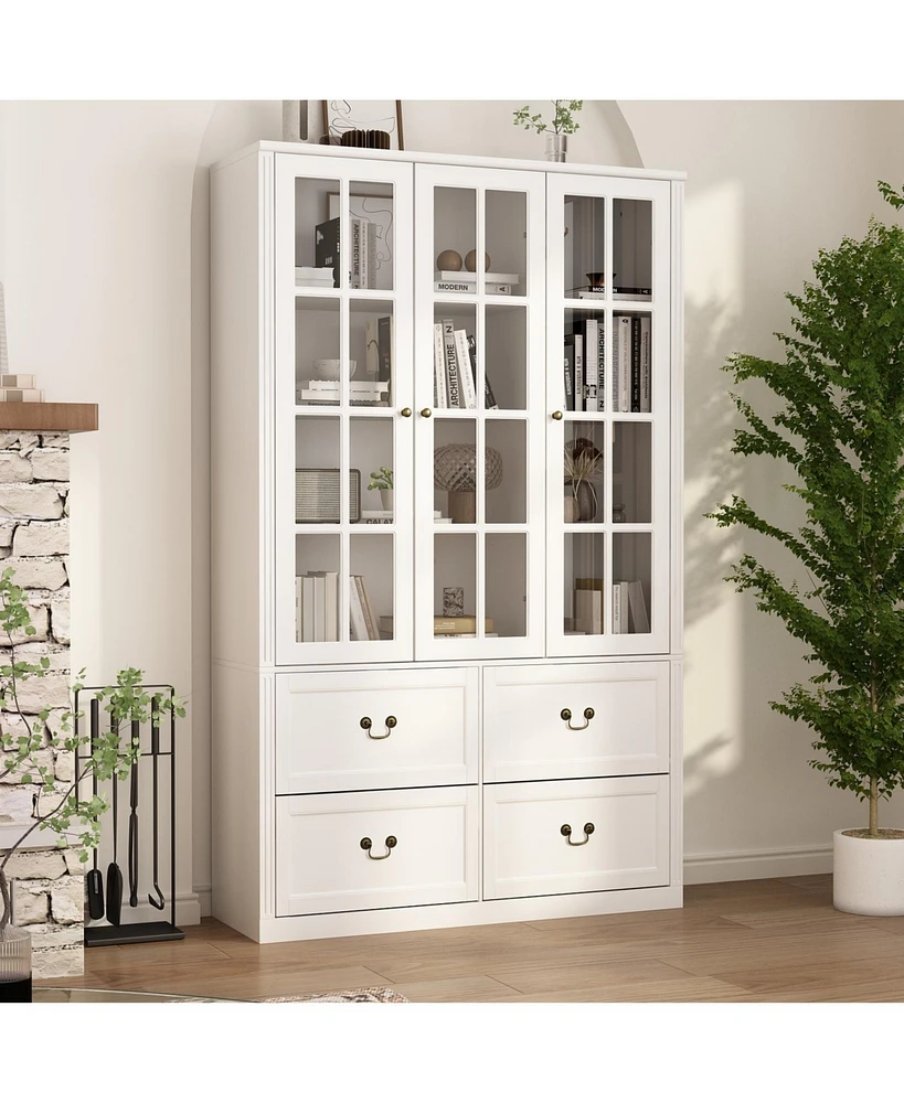 Famapy Grey Wood Bookcase With Tempered Glass Doors and 6-Drawers