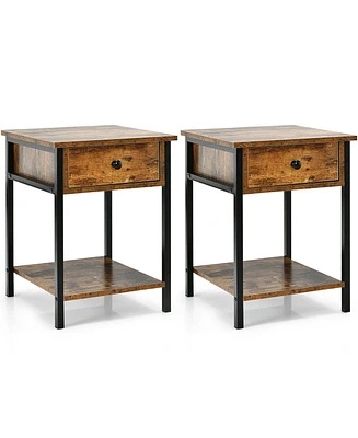 Gymax 2PCS Industrial End Side Table Nightstand with Drawer Shelf Rustic Brown