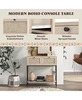 Rattan Console Table with 2 Rattan Drawers & Open Storage Shelf Metal Legs