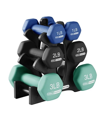 HolaHatha 1, 2 and 3 lb Neoprene Dumbbell Strength Training Weight Set with Rack