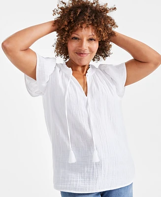 Style & Co Petite Cotton Flutter-Sleeve Ruffle Top, Created for Macy's