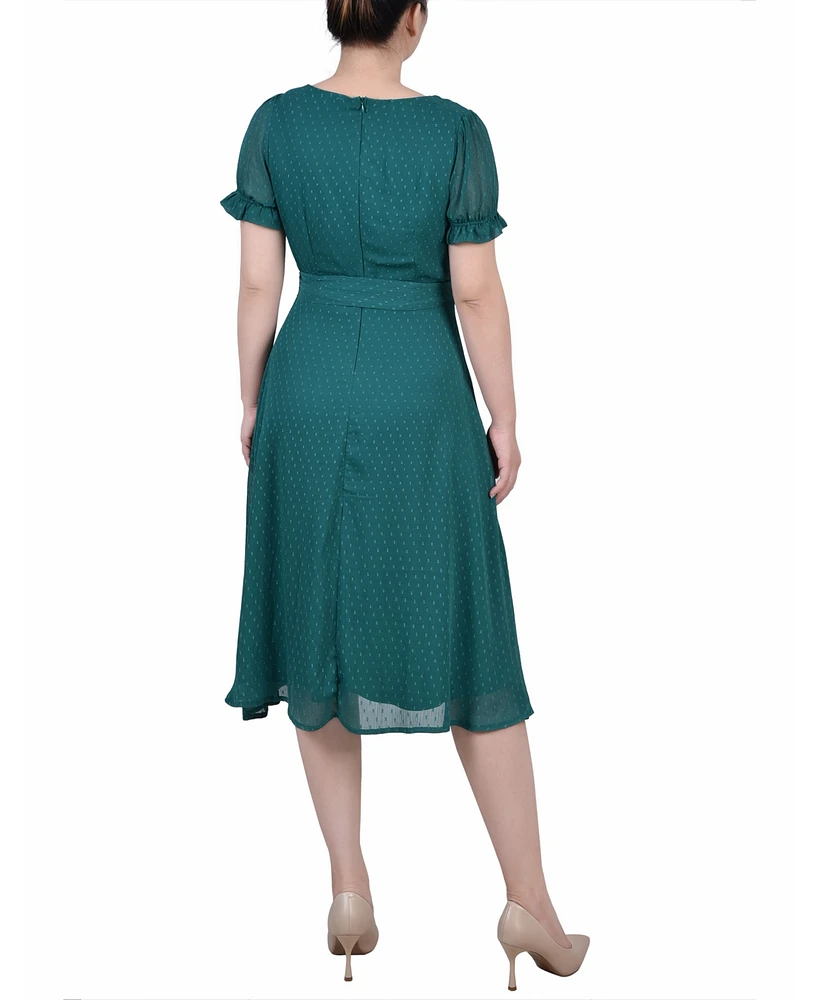 Ny Collection Women's Short Sleeve Belted Swiss Dot Dress