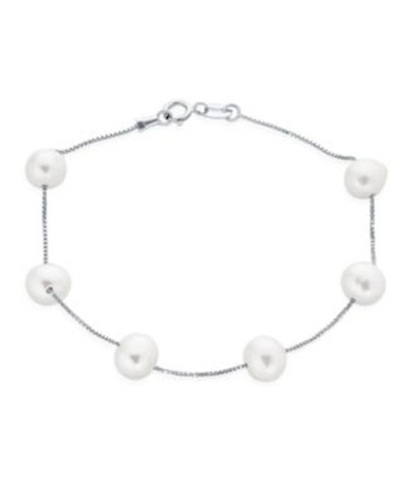 Bling Jewelry Tin Cup White Freshwater Cultured 7MM Pearl Chain Station Pearls Bracelet .925 Sterling Silver