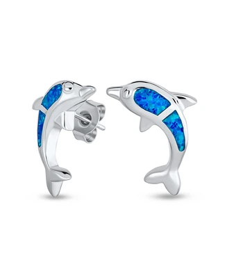 Bling Jewelry Created Blue Opal Inlay Nautical Ocean Marine Hawaiian Sea Life Dolphins Stud Earrings .925 Sterling Silver