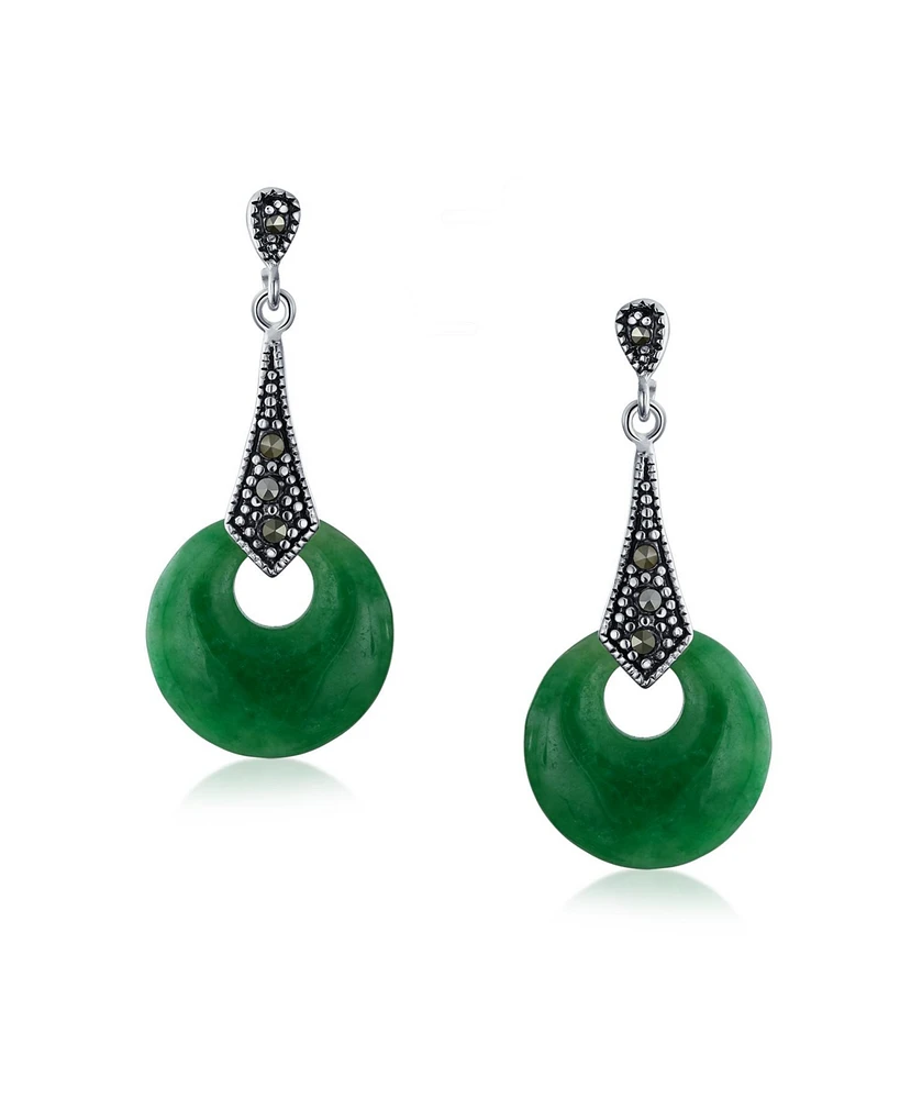 Bling Jewelry Asian Style Good Fortune Marcasite Dyed Green Jade Open Circle Dangle Drop Earrings For Women .925 Sterling Silver
