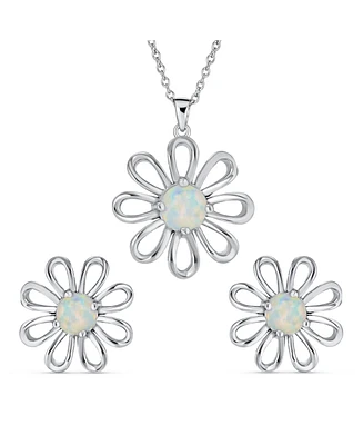 Bling Jewelry White Rainbow Created Opal Daisy Flower Pendant Necklace .925 Sterling Silver