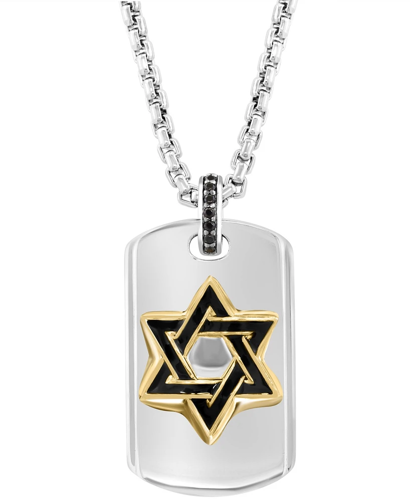 Effy Men's Black Spinel Star of David Dog Tag 22" Pendant Necklace (1/10 ct. t.w.) in Sterling Silver & Gold-Plate