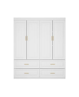 Famapy White Wooden 4-Door Super Large Bedroom Armoire Wardrobe with Hanging Bars