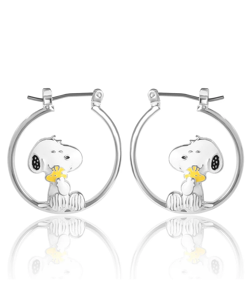 Peanuts Snoopy Hugging Woodstock Enamel Hoop Earrings - Cute Cartoon Character Jewelry