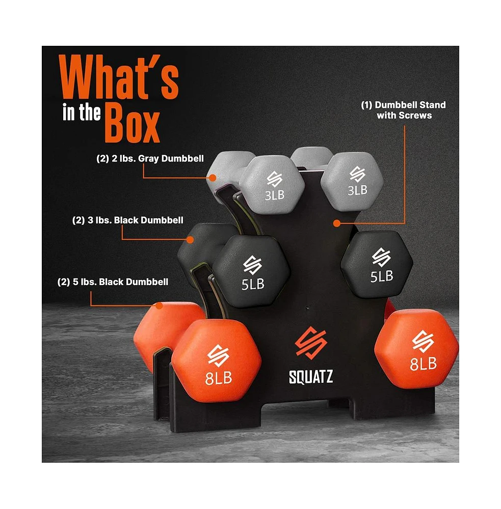 Squatz Neoprene Dumbbell Set With Stand, 30 lb Total Weight