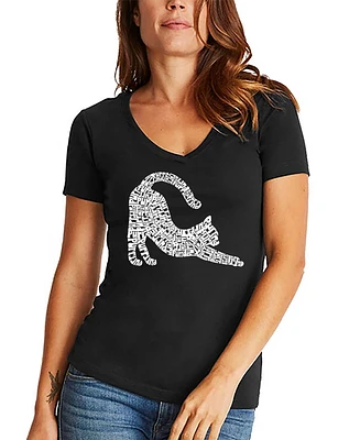 La Pop Art Women's Stretching Cat Word V-Neck T-shirt