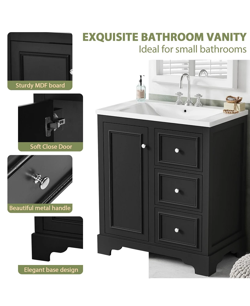 30-Inch bathroom vanity cabinet with ceramic basin, 3 drawers and adjustable shelves