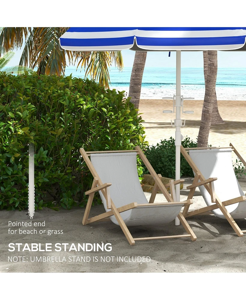 5.7' Portable Beach Umbrella with Tilt, Adjustable Height, 2 Cup Holders & Hooks, Uv 40+ Ruffled Outdoor Umbrella with Vented Canopy, Blue White Strip