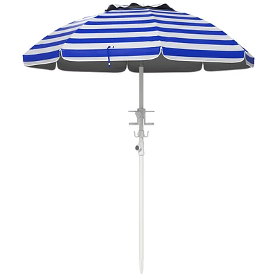 5.7' Portable Beach Umbrella with Tilt, Adjustable Height, 2 Cup Holders & Hooks, Uv 40+ Ruffled Outdoor Umbrella with Vented Canopy, Blue White Strip