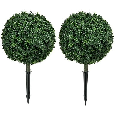 1.3' (15.7") Artificial Boxwood Topiary Trees with Ground Stake, Uv Resistant Set of 2 Ball Shaped Trees, Indoor Outdoor Fake Plants for Home Off