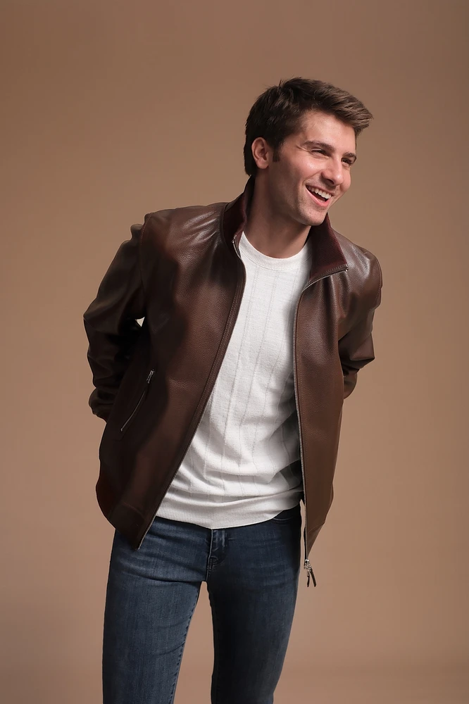 Men's Leather Jacket, Brown, Created for Macy's