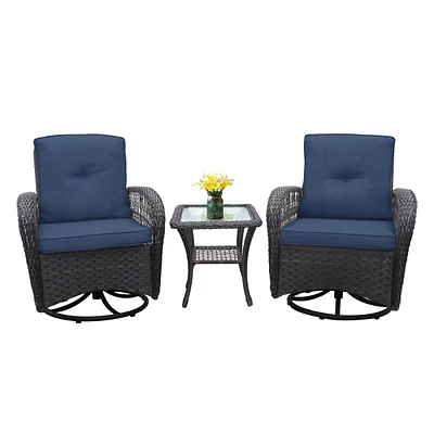 3 Pieces Conversation Set, Outdoor Wicker Rocker Swivel Patio Bistro Set, Rocking Chair with Glass Top Side Table, Navy Blue