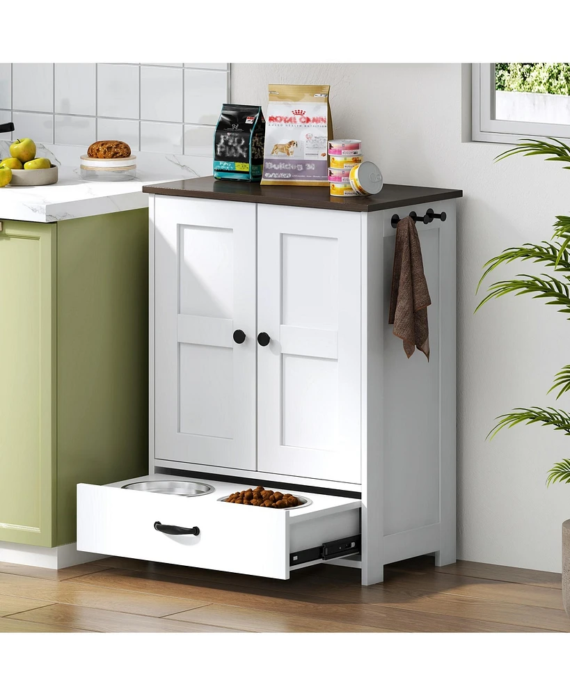 Dog Feeding Station, Dog Food Storage Cabinet with Hidden Dog Bowls, Adjustable Panel, Hooks, for Medium Sized Dogs, White