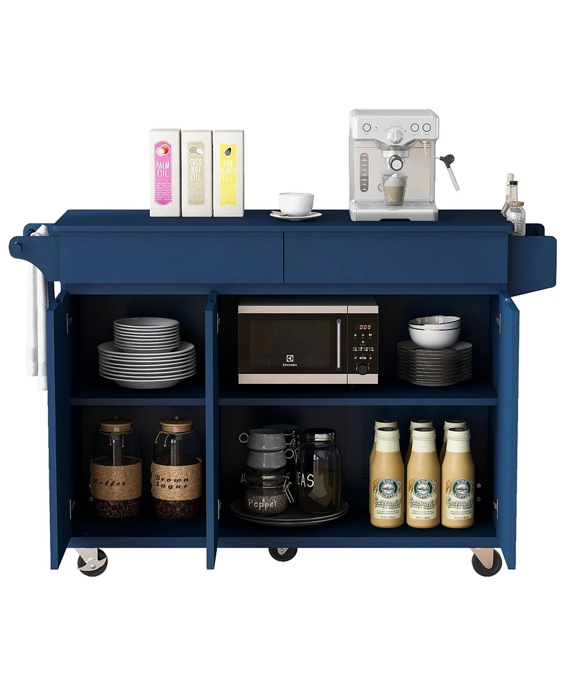 53.2" Kitchen Island with Drop Leaf, Kitchen Storage Cart with Spice Rack, Towel Rack and 2 Drawers, Rolling Kitchen Island on Wheels with Adjust