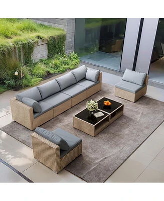 8-Piece Patio Furniture Set, All-Weather Boho Outdoor Conversation Set Sectional Sofa with Water Resistant Grey Thick Cushions