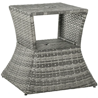 Rattan Wicker Side Table with Umbrella Hole, 2 Tier Storage Shelf for All Weather for Outdoor, Patio, Garden, Backyard, Mixed Grey