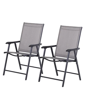 Set of 2 Patio Folding Chairs, Stackable Outdoor Sling Patio Dining Chairs with Armrests for Lawn, Camping, Dining, Beach, Metal Frame, No Assembly, G
