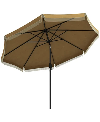 9ft Patio Umbrella with Push Button Tilt and Crank, Ruffled Outdoor Market Table Umbrella with Tassles and 8 Ribs, for Garden, Deck, Pool, Tan