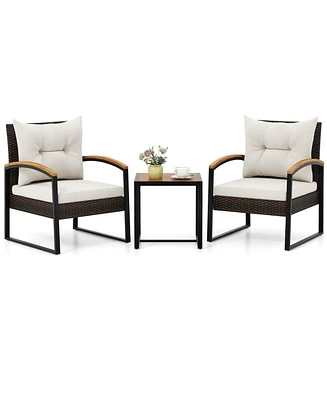 Costway 3 Pcs Patio Conversation Set with Coffee Table Solid Acacia Wood Armrests Tabletop