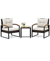 Costway 3 Pcs Patio Conversation Set with Coffee Table Solid Acacia Wood Armrests Tabletop