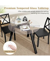 36" Round Glass Dining Table for 4 with Tempered Tabletop Rubber Wood Frame