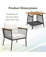 3 Pcs Patio Furniture Set with 2-Tier Coffee Table Acacia Wood Armrests Tabletop