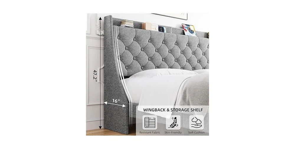 gaomon King Size Bed Frame with Upholstered Wingback Headboard, Luxurious Linen Upholstery Platform Bed with Charging Station, Button Tufted Design, N