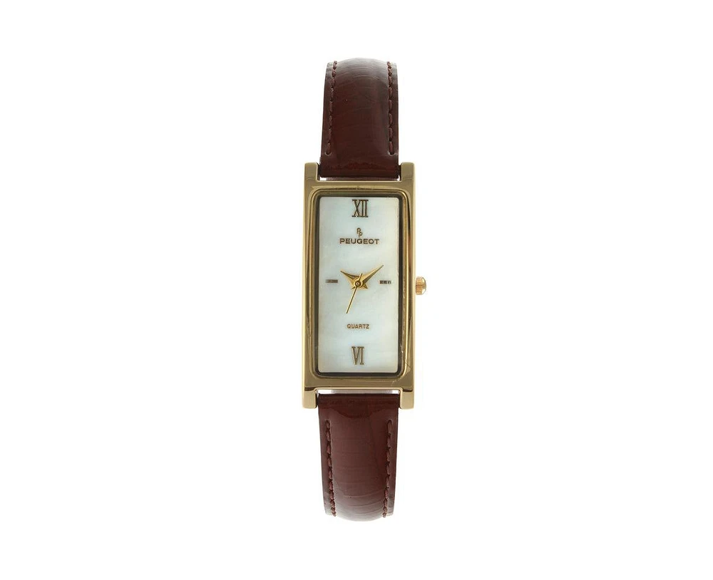 Peugeot Women's Rectangular Gold-Tone Case Watch Glossy Brown Leather Strap