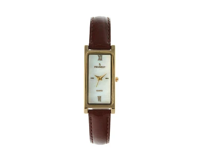 Peugeot Women's Rectangular Gold-Tone Case Watch Glossy Brown Leather Strap