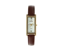 Peugeot Women's Rectangular Gold-Tone Case Watch Glossy Brown Leather Strap