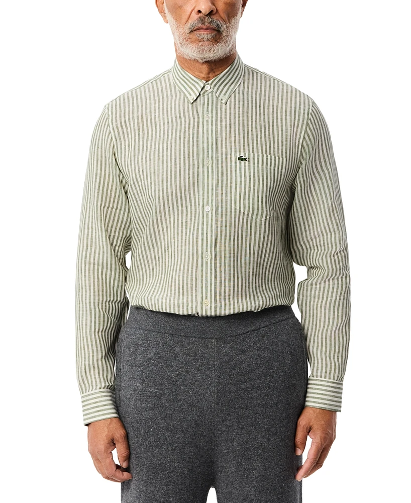Lacoste Men's Long Sleeve Striped Button-Down Linen Shirt