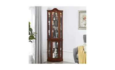 Glass Corner Curio Cabinet – Space-Saving Display Cabinet with Tempered Glass Shelves & Door