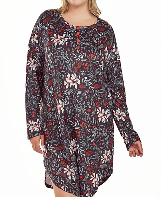 iCollection Plus Long Sleeve Ultra Soft Floral Print Sleepshirt Nightgown