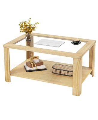 Gymax 2-Tier Coffee Table w/ Tempered Glass Tabletop & Storage Shelf Rounded Corners