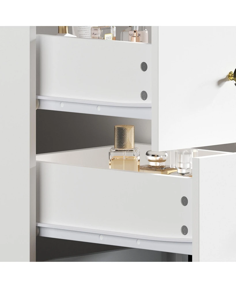 Homsee White Makeup Vanity Desk 9 Drawers Wood Dressing Table With 3 Mirrors, Glass Top, Hidden Storage Shelves, Led Lighted