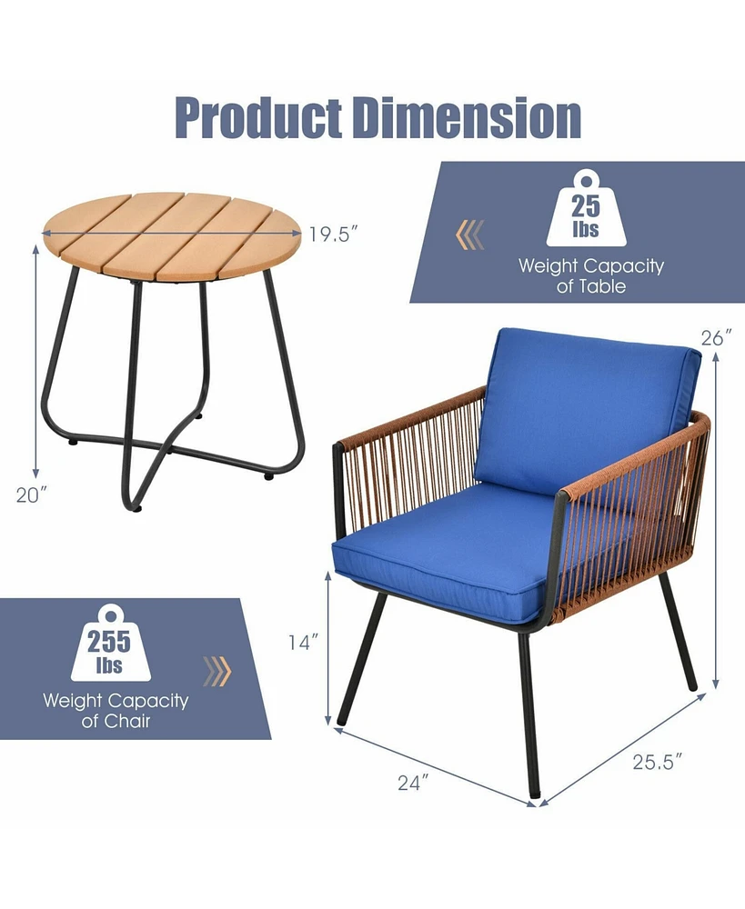 Sugift 3 Pieces Patio Bistro Furniture Set with Armrest and Soft Cushions