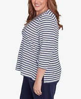 Alfred Dunner Plus Size Block Island Striped Top with Embroidered Neckline