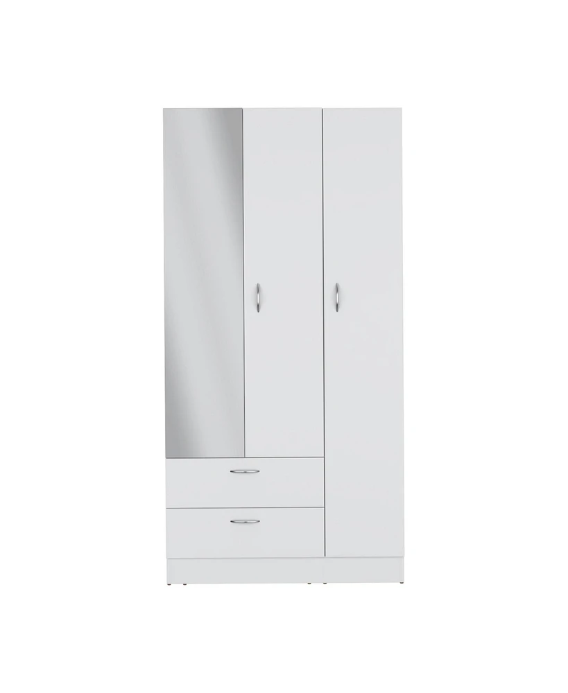 Troy wardrobe with 3 doors, one with mirror, two drawers, four shelves and hanging bar,White